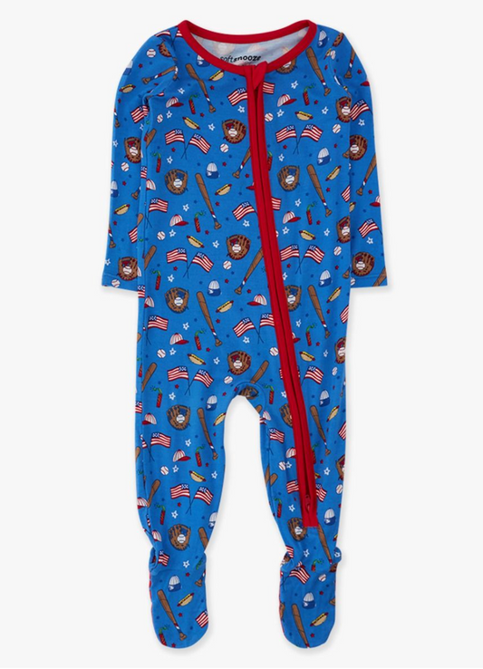 Blue stars and strikes one piece footie pajamas
