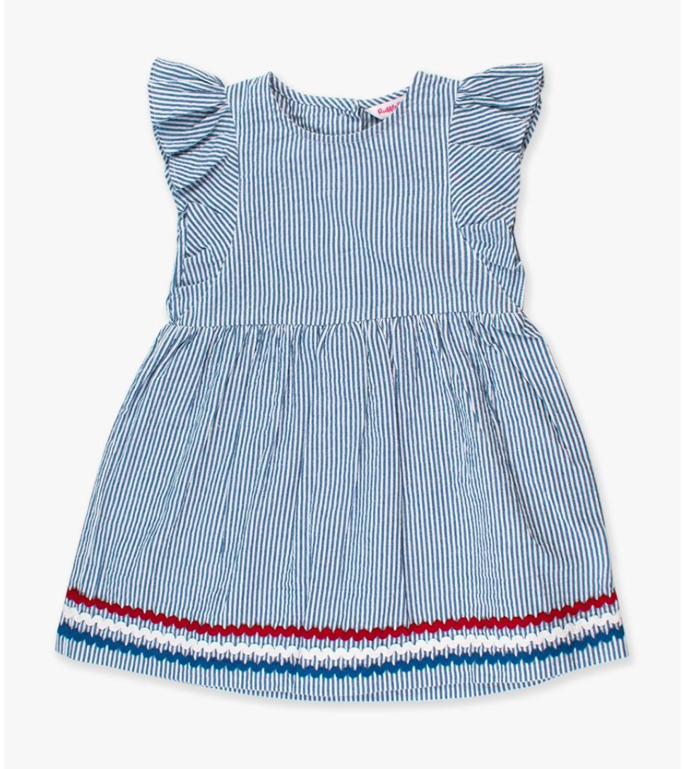 Classic Blue Seersucker Woven Butterfly Sleeve Bow Dress