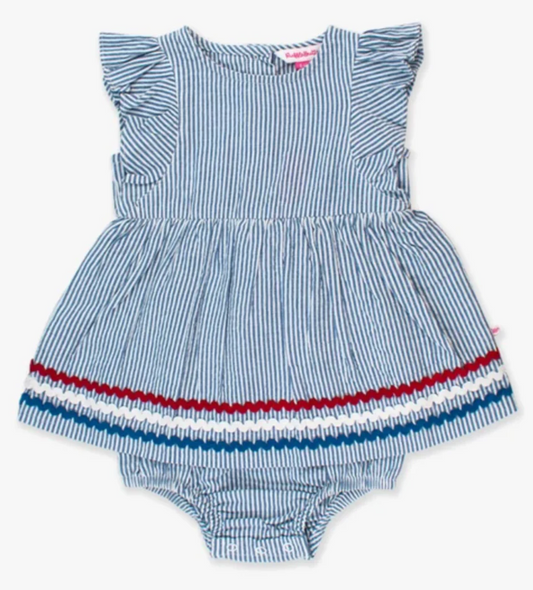 classis blue Seersucker Woven Butterfly Sleeve Bow skirted Romper
