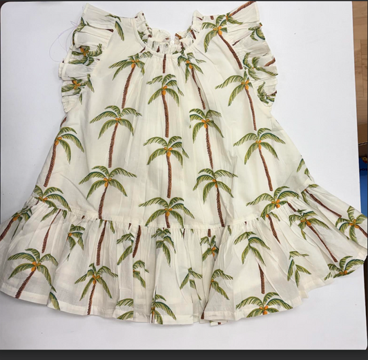 Girls Harper Dress -  Cream Palm Trees