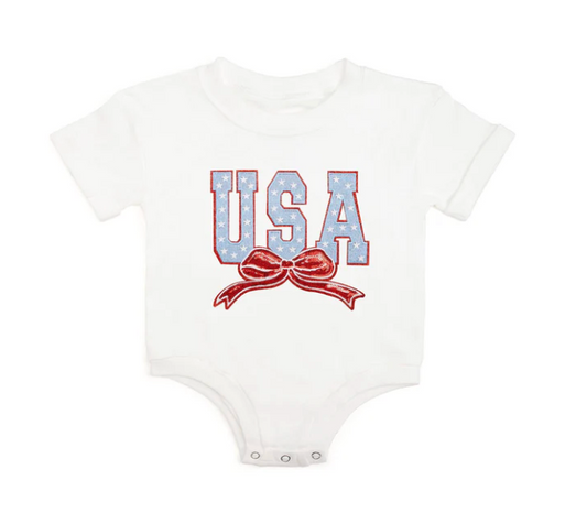 USA Stars & Bow Patch Short Sleeve Romper - White
