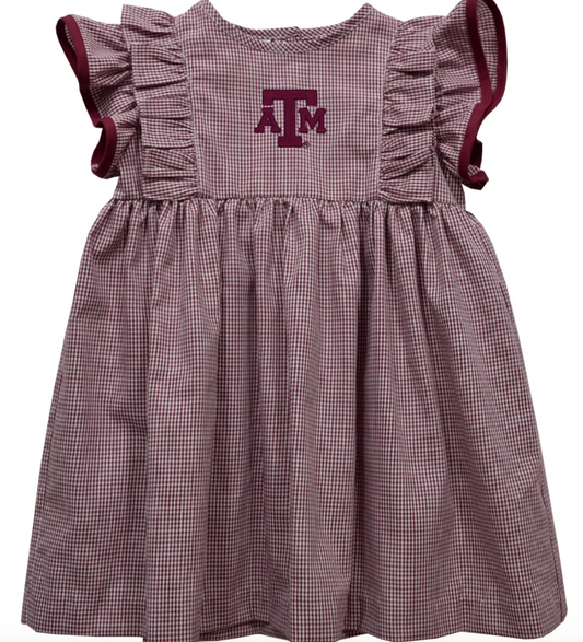TAMU Embroidered Maroon Gingham Dress