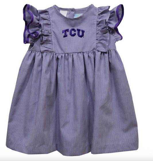 TCU Embroidered Purple Gingham Dress