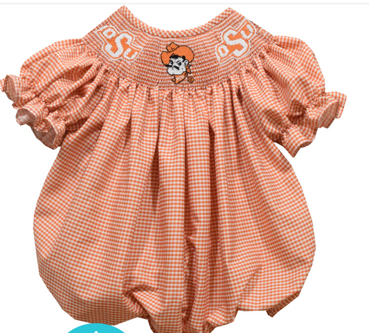OSU Cowboys Smocked Orange Gingham Short Sleeve Girls Bubble