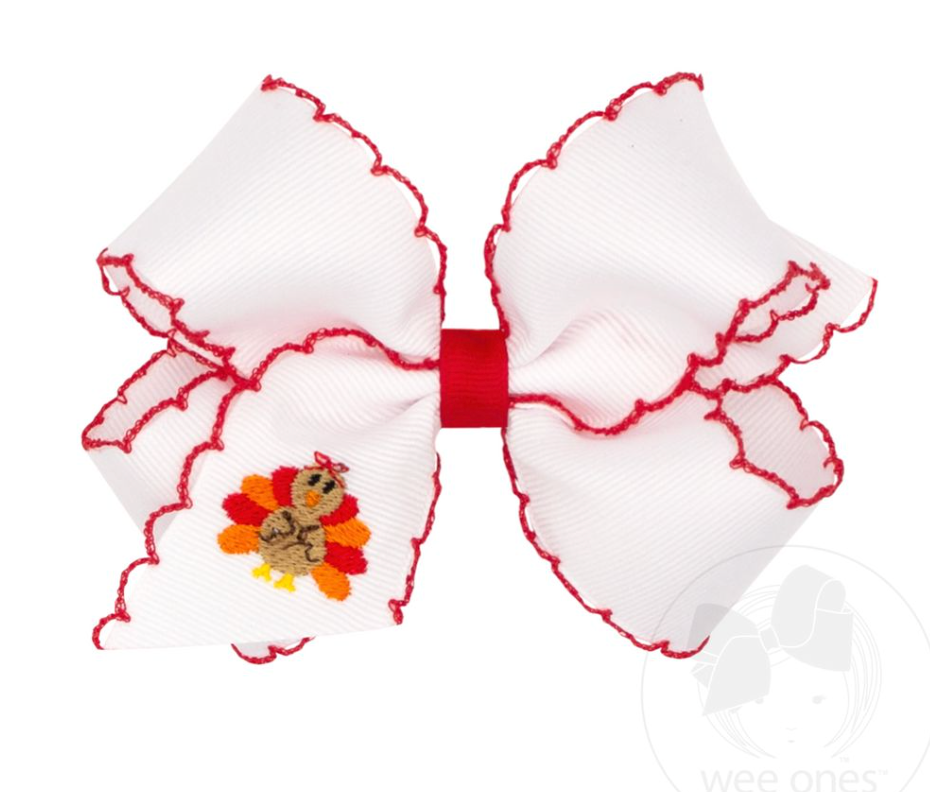 Harvest Turkey Embroidery Moonstitch Hair Bow