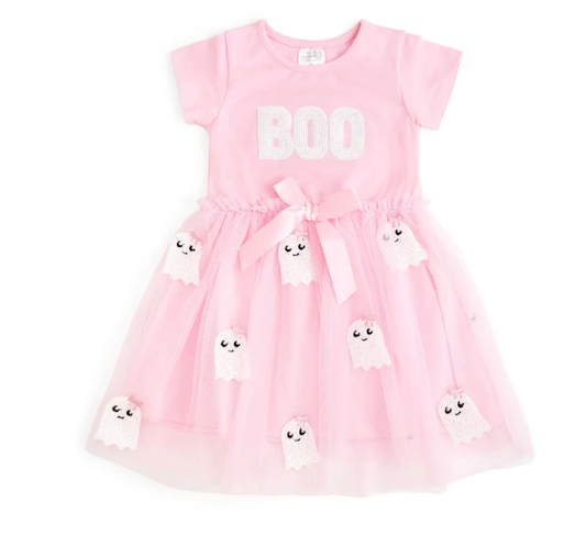 Boo Sequin Patch Halloween Short Sleeve Tutu Dress
