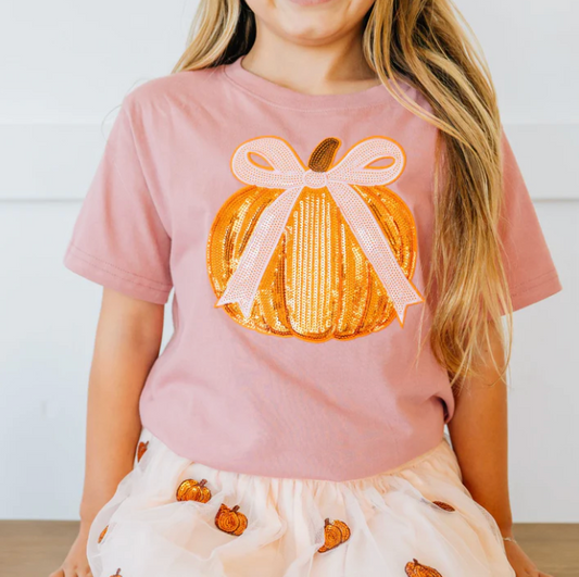 Coquette Pumpkin Sequin Patch Short Sleeve T-Shirt
