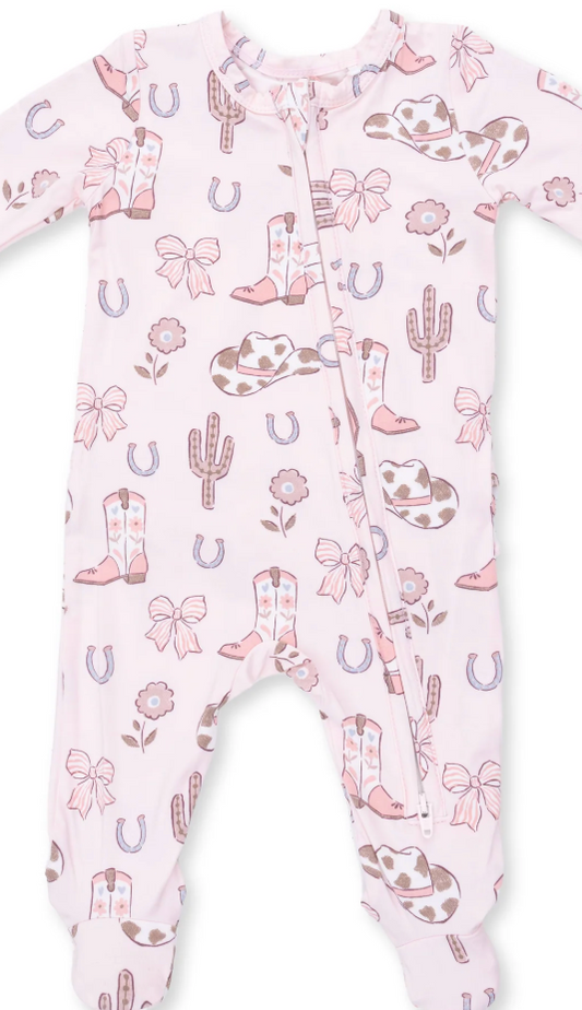 Cowgirl Boots and Bows  2 Way Ruffle Back Zipper Footie