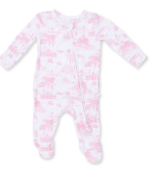 Golf Toile Pink  2 Way Ruffle Back Zipper Footie
