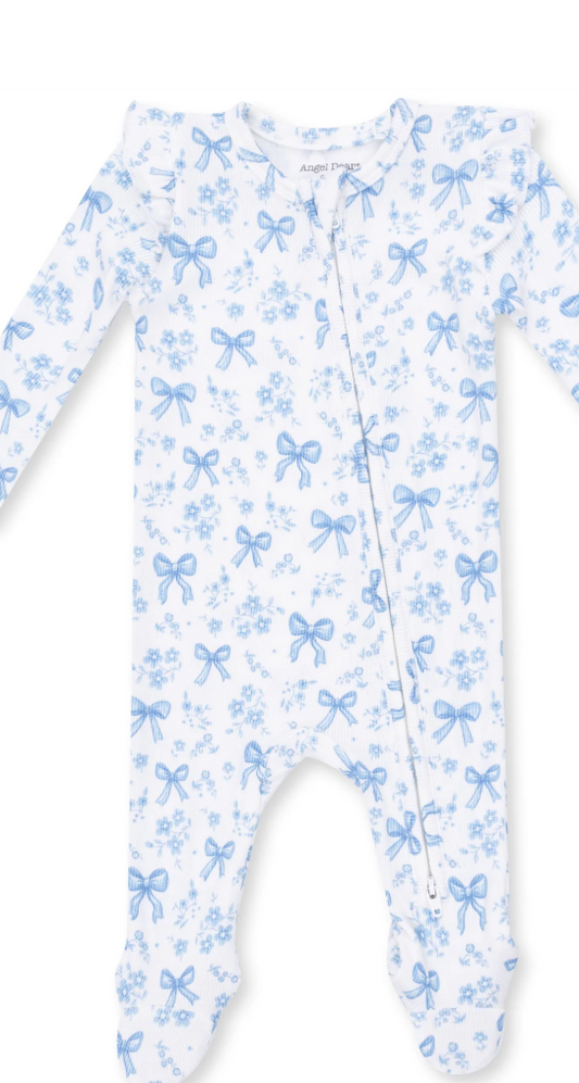 Blue Bows and Flowers  2 Way Ruffle Sleeve Zipper Footie