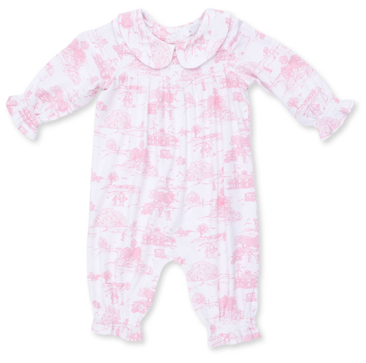 Golf Toile Pink  Smocked Long Sleeve Romper