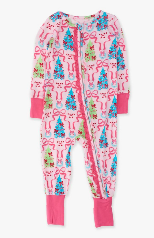Merry & Bright Bows Convertible Ruffle One Piece Pajama, Bamboo Viscose