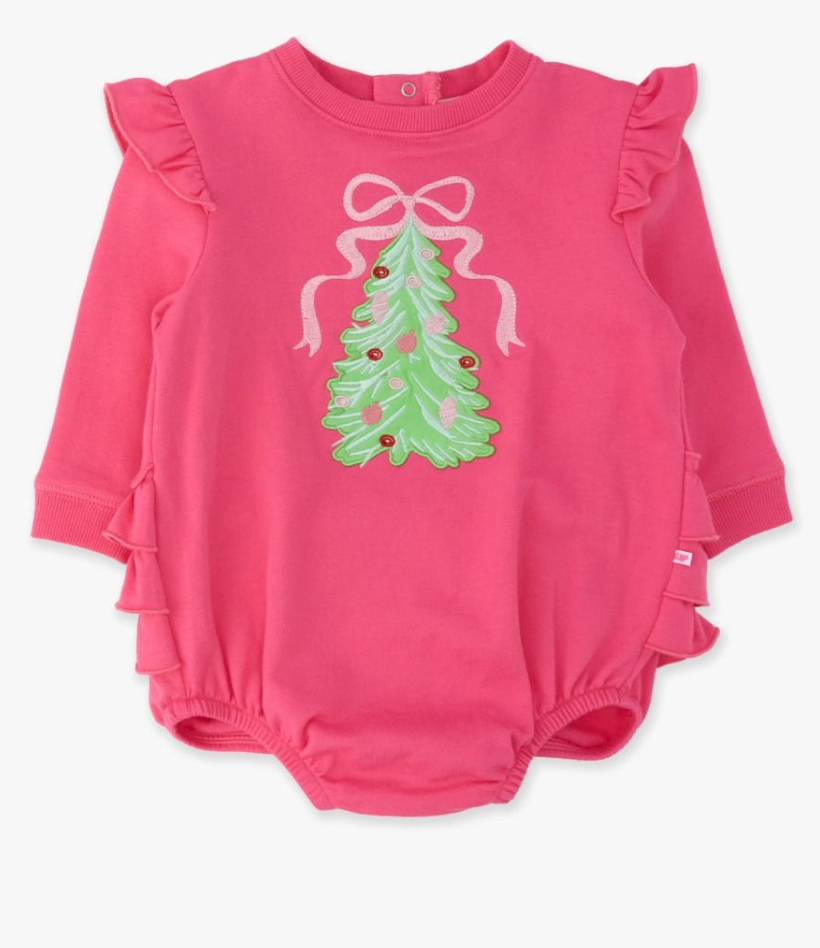 Christmas Tree Hot Pink Applique Sweatshirt Bubble Romper