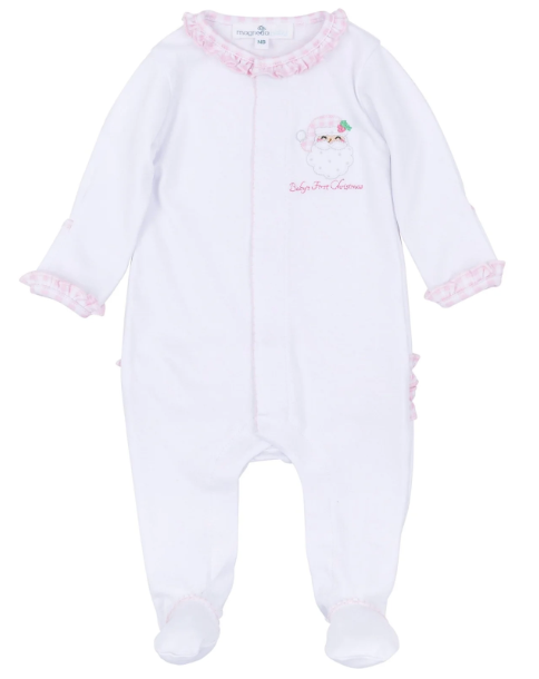 Sweet St Nick Applique Baby's First Christmas Ruffle Footie - Pink