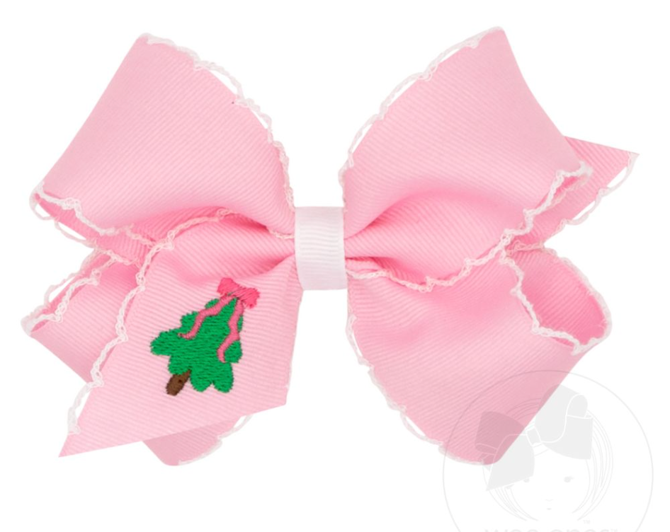 Medium Moonstitch Christmas Tree Embroidery Pink Hair Bow