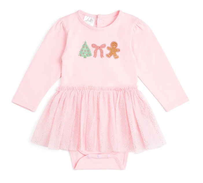 Gingerbread Embroidered Christmas Long Sleeve Tutu Bodysuit