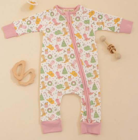 Cowboy Christmas Zip Playsuit - Dusty Rose