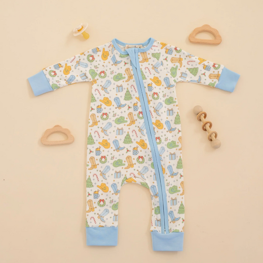 Cowboy Christmas Zip Playsuit - Sky