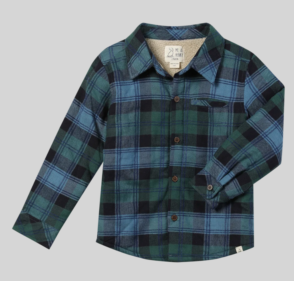 ADVENTURER navy/ blue/ green plaid sherpa lined shacket