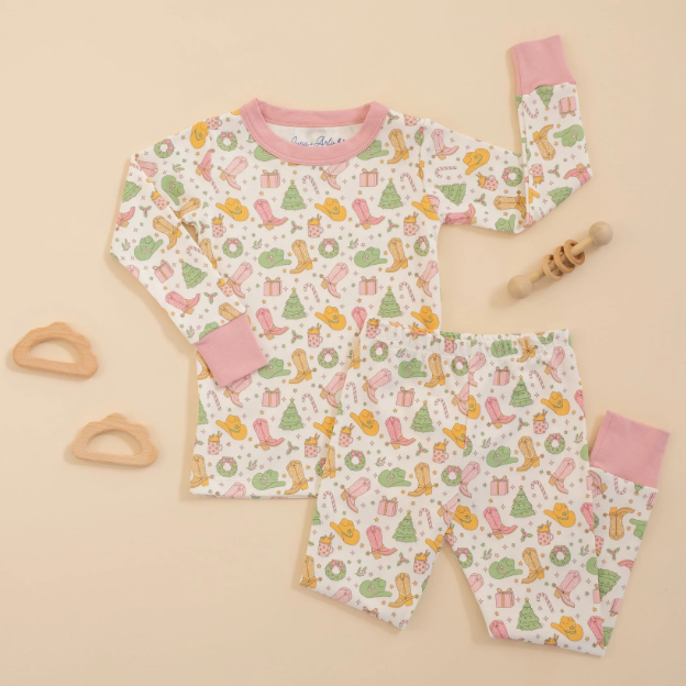 Cowboy Christmas Long Pajamas - Dusty Rose