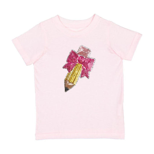 Pencil Bow Sequin Patch Short Sleeve T-Shirt