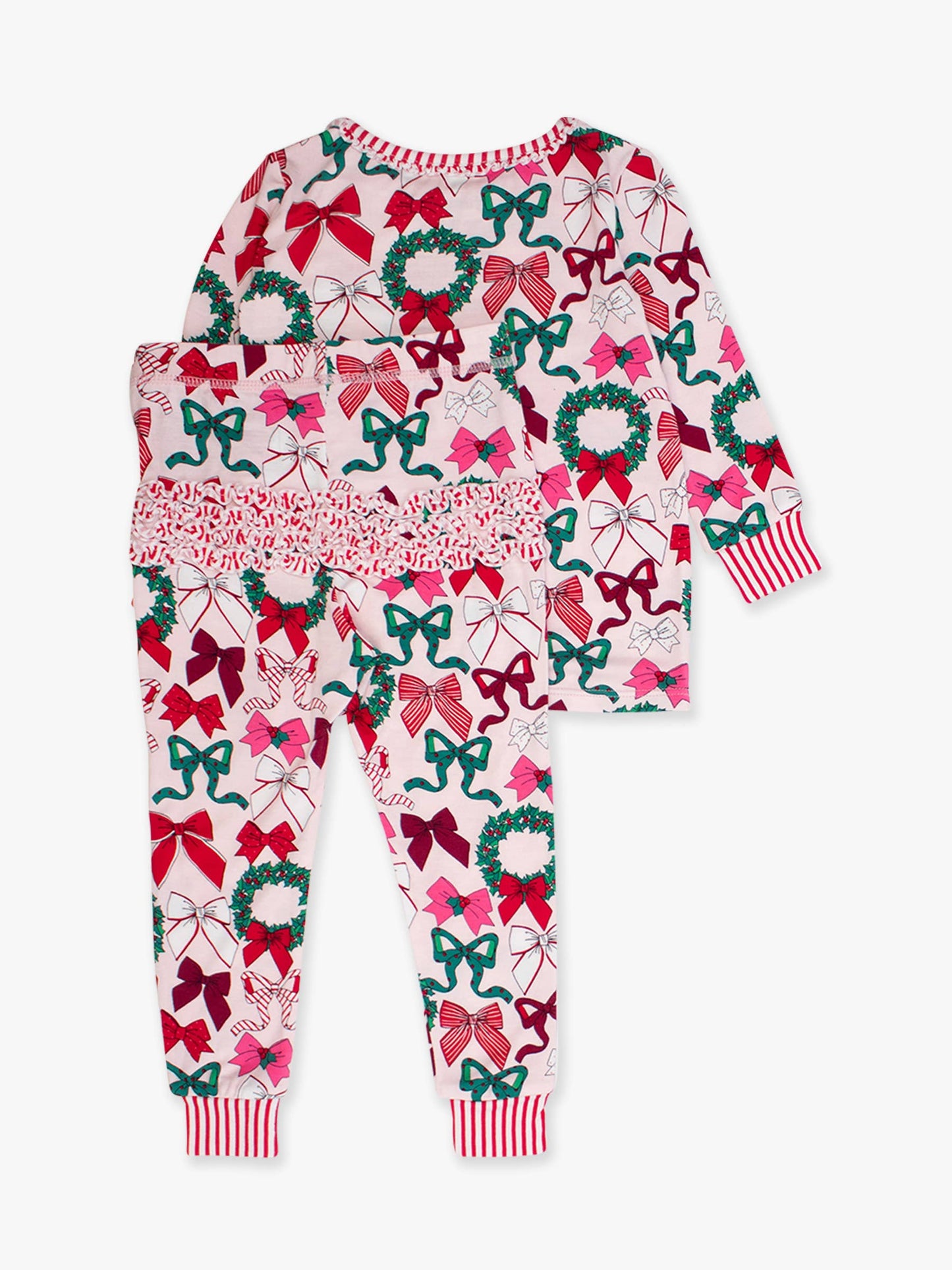 SoftSnooze™ Toddler Girls Bamboo Viscose Holly Bows Ruffle Long Sleeve Pajama Set with Signature Rear Ruffles