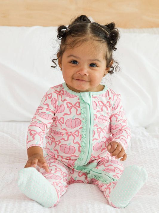SoftSnooze™ Baby Girls Bamboo Viscose Pink Fairytale Pumpkins Footed Ruffle One Piece Pajama