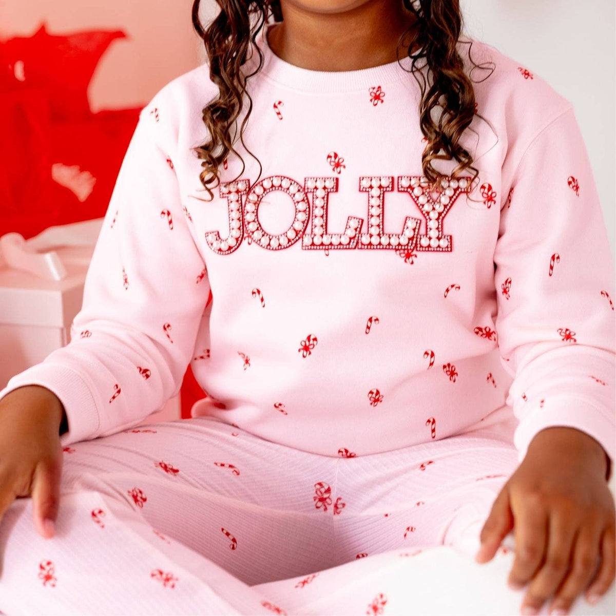 Jolly Pearl Patch Candy Cane Christmas Sweatshirt - Kids