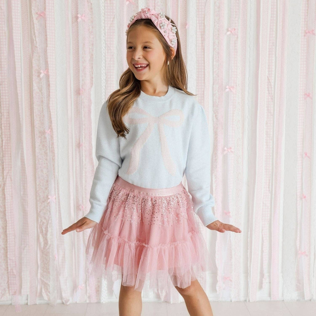 Shimmer Bow Intarsia Sweater - Kids Sweaters -Girls Clothing
