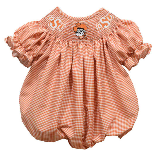 OSU Cowboys Smocked Orange  Gingham Short Sleeve Girls Bubble