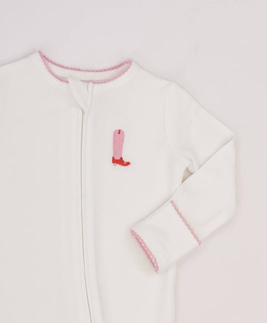 Pip Embroidered Zip Romper -Pink Boot