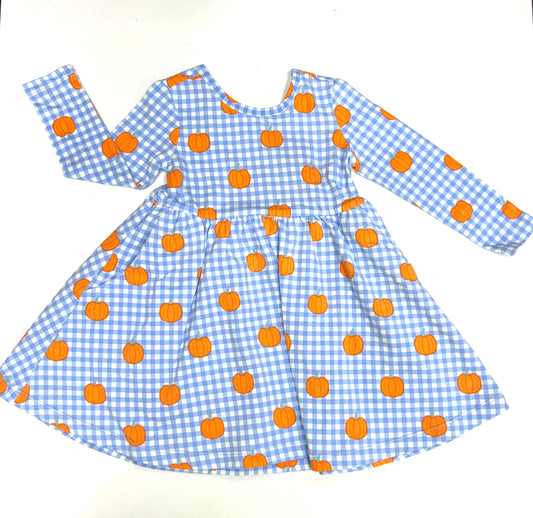 Pumpkin Patch gingham knit long sleeve twirl dress