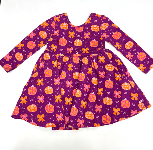 Pumpkin Bow Patch Knit Long Sleeve Twirl Dress