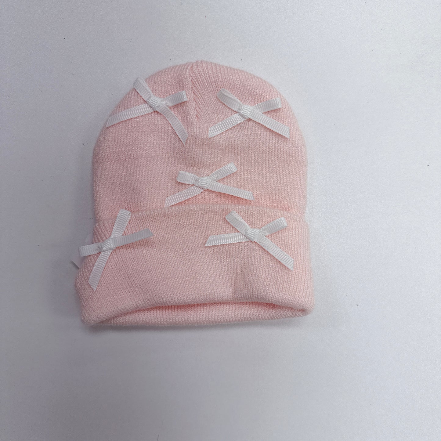 Baby Bow Knit Hat - Pink with Tiny White Bows