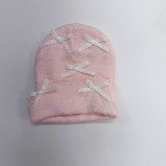 Baby Bow Knit Hat - Pink with Tiny White Bows