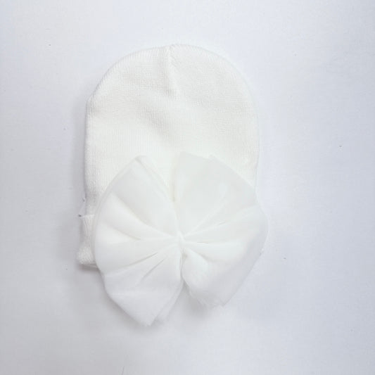 Baby Bow Knit Hat - White with White Bow