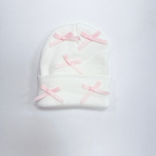 Baby Bow Knit Hat - White with Tiny Pink Bows