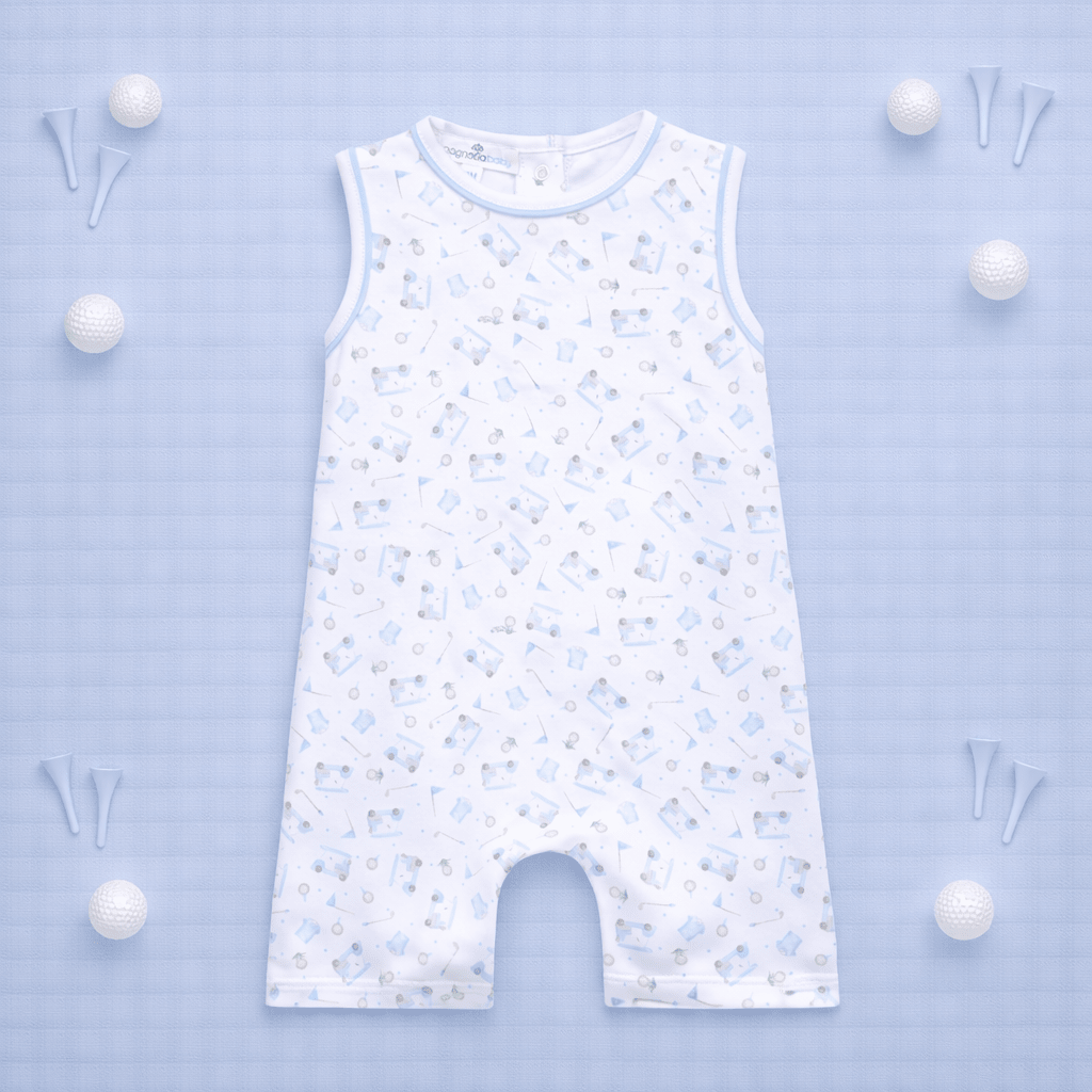 Little Golfer Print Short Playsuit- Light Blue