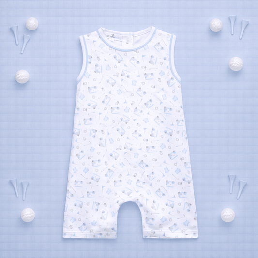 Little Golfer Print Short Playsuit- Light Blue