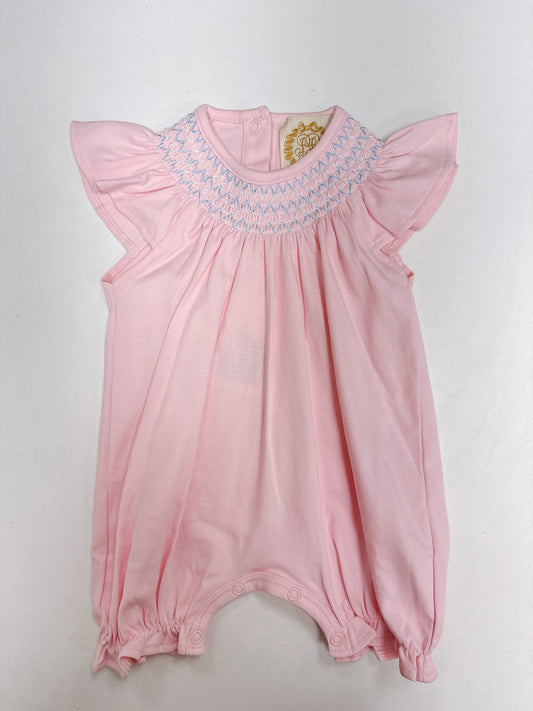 sandy smocked romper- palm beach pink/beale street blue and worth ave white