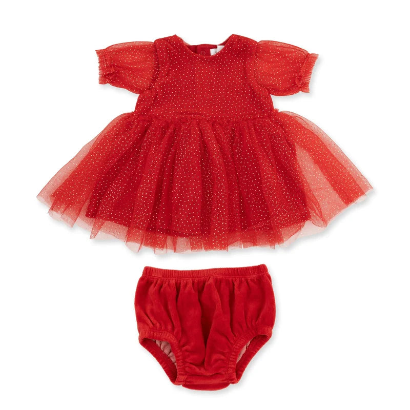 Velour Holiday red- puff sleeve dress w/ bloomer