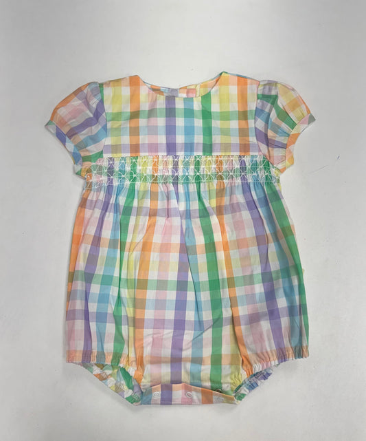 Poppy Rainbow Plaid Puff sleeve smocked romper