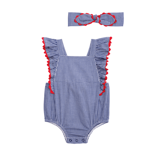 Navy Gingham Ric Rac Bubble Romper & Headband