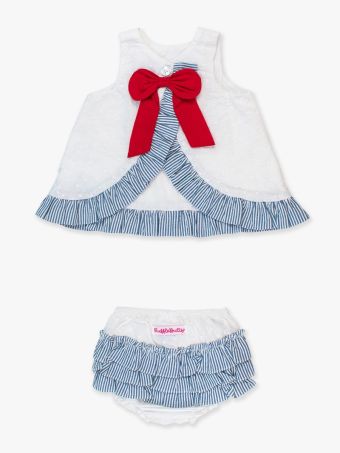 White & Blue Seersucker Embroidered Dot Swing Top and Bloomer